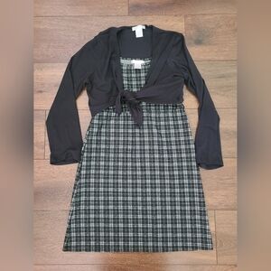 Emma & Elsa Girls Sz 16 Black White Plaid Dress with Tie Front Cardigan 2 Pieces